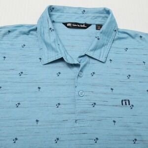 TravisMathew Polo Shirt Mens XL Blue Palm Tree TPC Colorado Golf Performance